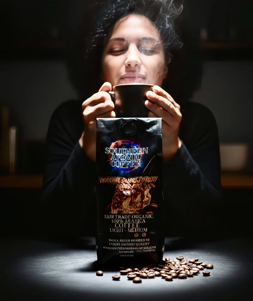 A person sits with a steaming cup of Southern Atomic’s Sweet Potato Pecan Pie Coffee. The mug releases a warm, dessert-like aroma that combines creamy sweet potato with roasted pecans.