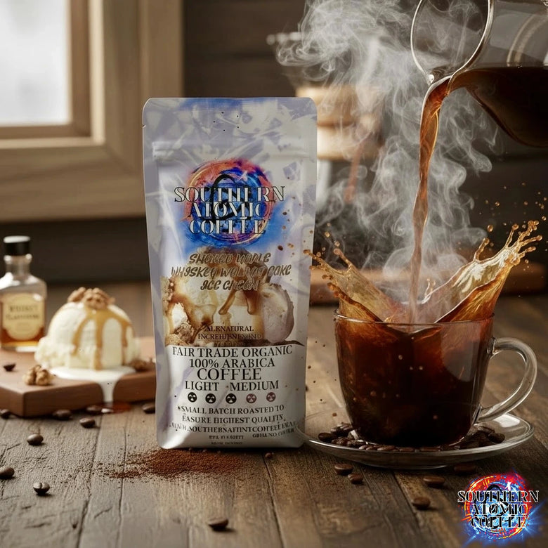 A stream of Smoked Maple Whiskey Walnut Cake Ice Cream Coffee pours into a cup, creating a splash. On the table beside it sits the Southern Atomic Smoked Maple whiskey walnut cake ice cream coffee bag, with a scoop of ice cream, a handful of walnuts, and a small whiskey bottle arranged around it to highlight the blend’s flavor notes.