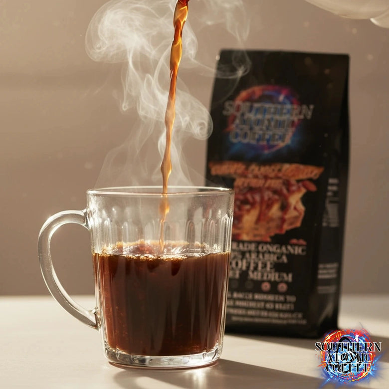 Cup of Southern Atomic Sweet Potato Pecan Pie Coffee with warm steam rising.