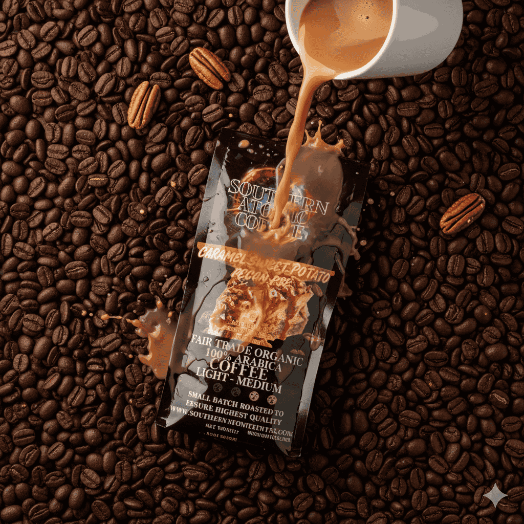 Caramel Sweet Potato Pecan Pie being poured over with coffee from white cup on the bed of coffee beans.